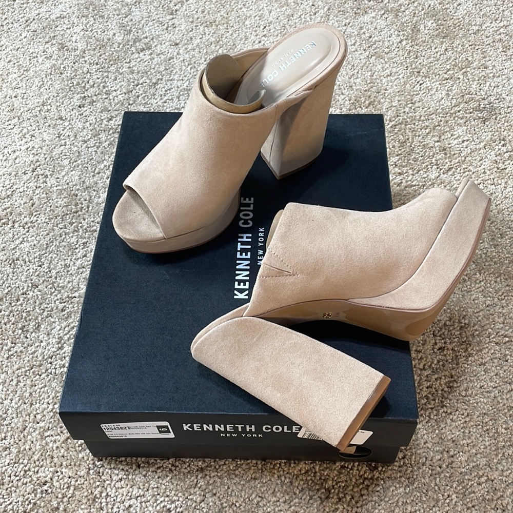 Kenneth Cole Gracen mule beige soft suede 5” chunky heel platform mule 8.5 NWT - Picture 2 of 13